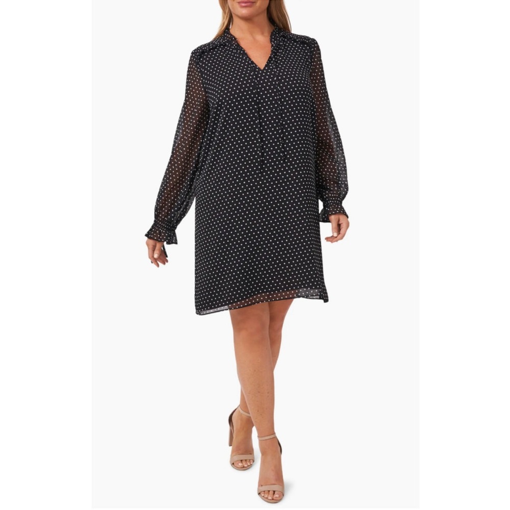 CeCe Duet Mini Dot Long Sleeve A-Line Dress Womens Plus Size 1X Black White